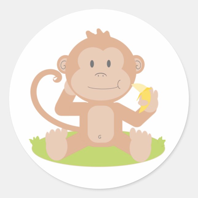 Cute Cartoon Baby Monkey Sitting and Eating Banana Classic Round Sticker (Front)