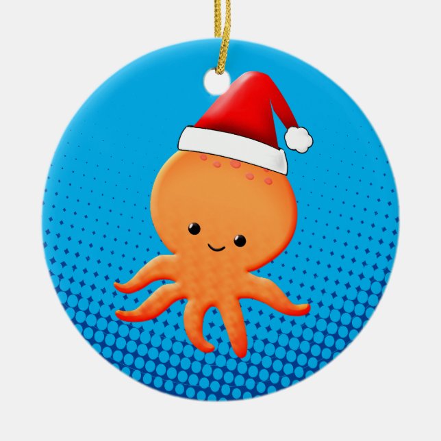 Cute Cartoon Baby Octopus Santas Hat Ceramic Tree Decoration (Front)