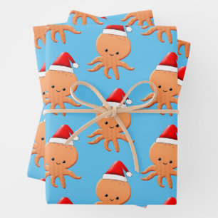 Cute Cartoon Baby Octopus Santas Hat Wrapping Paper Sheet