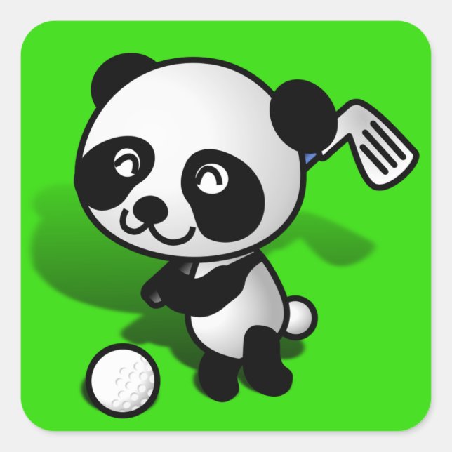 Cute Cartoon Baby Panda Bear Golfing Square Sticker (Front)