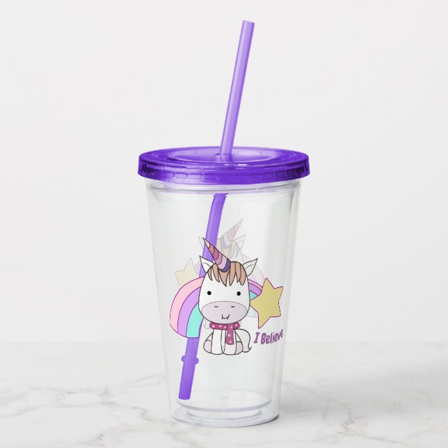 Cute Cartoon Baby Unicorn and Rainbow Acrylic Tumbler (Back)