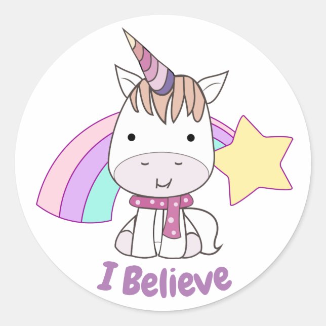 Cute Cartoon Baby Unicorn and Rainbow Classic Round Sticker (Front)