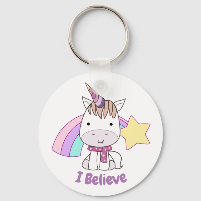 Cute Cartoon Baby Unicorn and Rainbow Key Ring (Front)