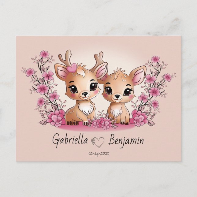 Cute Cartoon Bambi Lovers Heart Valentine’s Day Postcard (Front)