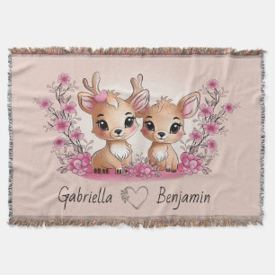 Cute Cartoon Bambi Lovers Heart Valentine’s Day Throw Blanket