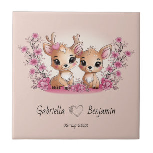 Cute Cartoon Bambi Lovers Heart Valentine’s Day Tile