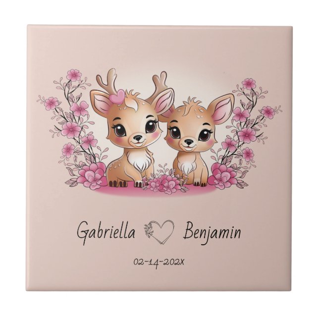 Cute Cartoon Bambi Lovers Heart Valentine’s Day Tile (Front)
