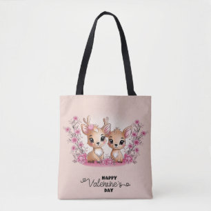 Cute Cartoon Bambi Lovers Heart Valentine’s Day Tote Bag