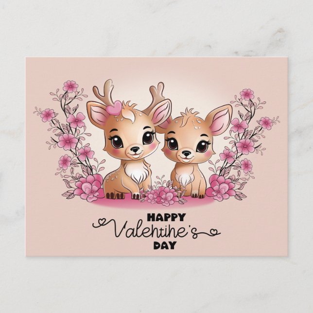 Cute Cartoon Bambi Lovers Hearts Valentine’s Day Postcard (Front)