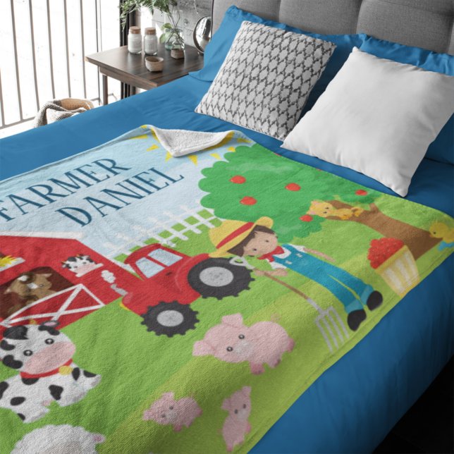 Cute Cartoon Barnyard Animals, Farmer, and Tractor Fleece Blanket (Creator Uploaded)