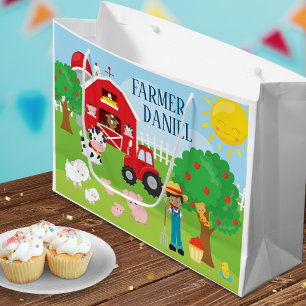 Cute Cartoon Barnyard Animals, Farmer, and Tractor Large Gift Bag