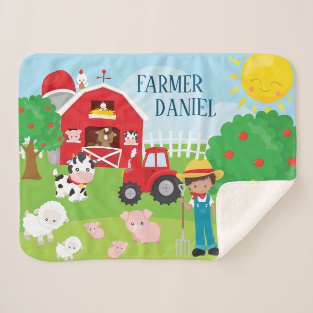 Cute Cartoon Barnyard Animals, Farmer, and Tractor Sherpa Blanket (Front (Horizontal))