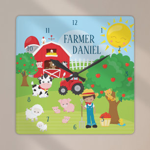 Cute Cartoon Barnyard Animals, Farmer, and Tractor Square Wall Clock