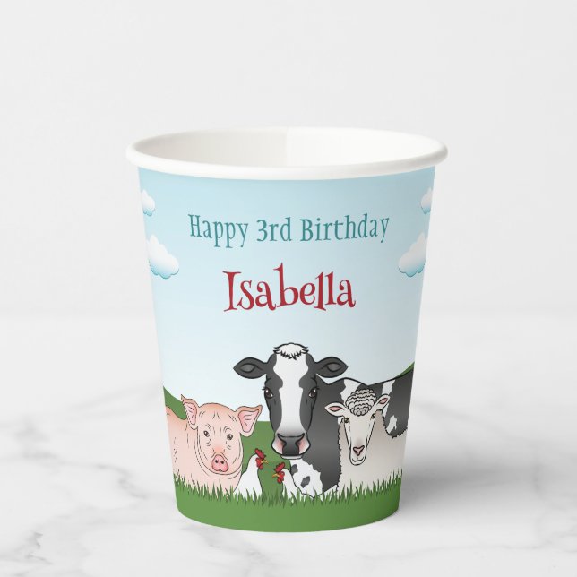 Cute Cartoon Barnyard Farm Animals Kid's Birthday Paper Cups (Left)