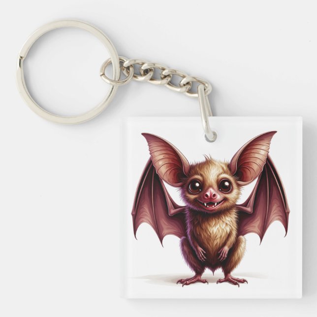 Cute Cartoon Bat With Friendly Halloween Smile 🦇 Key Ring (Front)