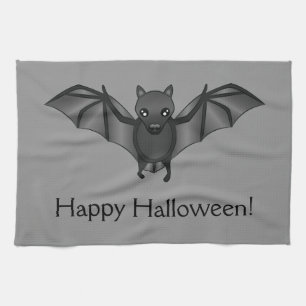 Cute Cartoon Bat With Happy Halloween Text Tea Towel
