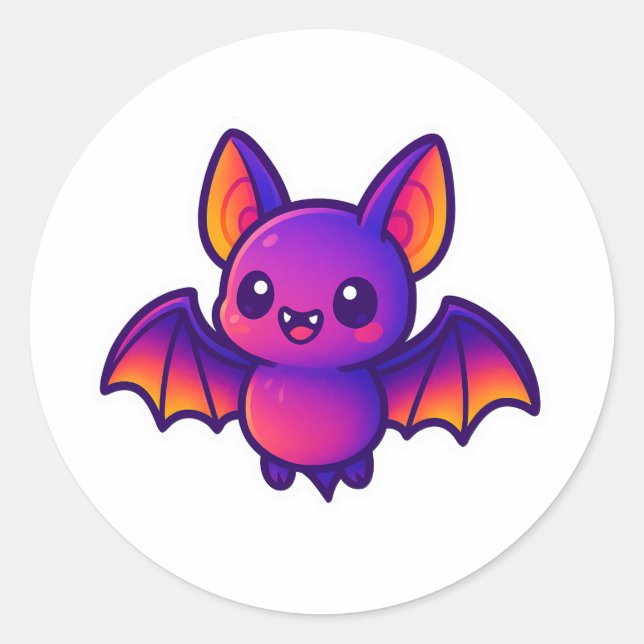 Cute Cartoon Bat with Vibrant Purple Wings and Big Classic Round Sticker (Front)