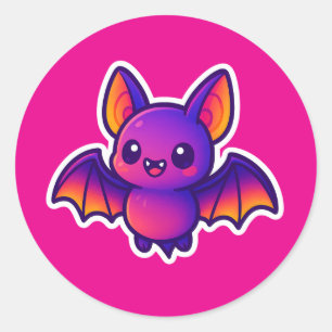 Cute Cartoon Bat with Vibrant Purple Wings and Big Classic Round Sticker
