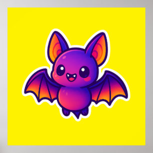 Cute Cartoon Bat with Vibrant Purple Wings and Big Poster