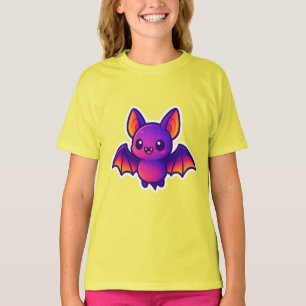 Cute Cartoon Bat with Vibrant Purple Wings and Big T-Shirt
