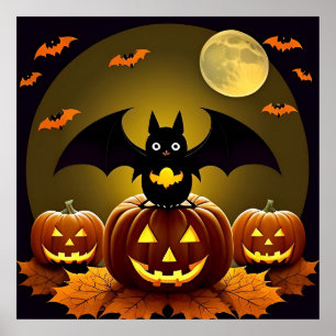 Cute Cartoon Bats Pumpkins Under Full Moon Poster