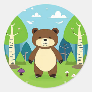 Cute Cartoon Bear in a Magical Forest Scene Classic Round Sticker