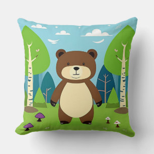 Cute Cartoon Bear in a Magical Forest Scene Cushion