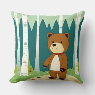 Cute Cartoon Bear in a Magical Forest Scene Cushion