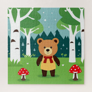 Cute Cartoon Bear in a Magical Forest Scene Jigsaw Puzzle