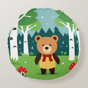 Cute Cartoon Bear in a Magical Forest Scene Round Cushion