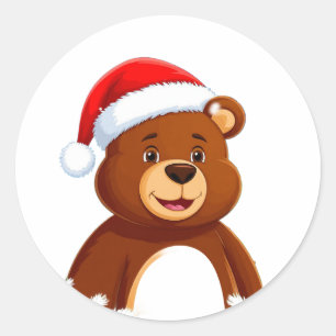 Cute Cartoon Bear in Santa Hat With Christmas Tree Classic Round Sticker