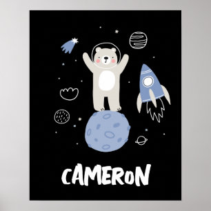 Cute Cartoon Bear In Space Poster