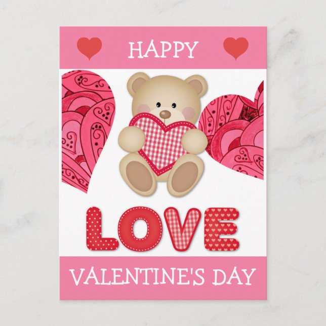 Cute Cartoon Bear Pink Red Hearts Valentine's Day Postcard (Front)