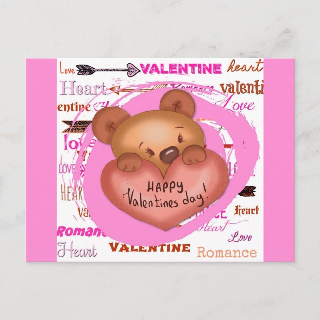 Cute Cartoon Bear Pink Valentine's Day Postcard (Front)
