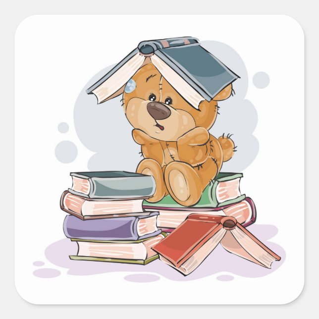 Cute Cartoon Bear Reading Books Square Sticker (Front)