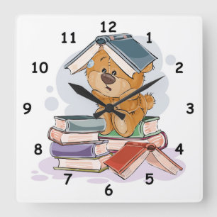 Cute Cartoon Bear Reading Books Square Wall Clock