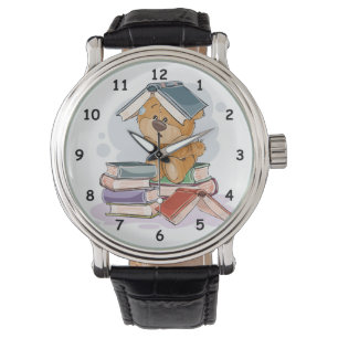 Cute Cartoon Bear Reading Books Watch