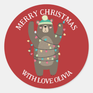 Cute Cartoon Bear Tangled Christmas Lights Classic Round Sticker