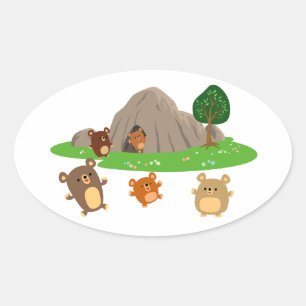 Cute Cartoon Bears in a Cave Oval Sticker