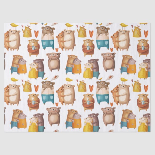 Cute Cartoon Bears on White Decoupage Tissue Paper (Front)