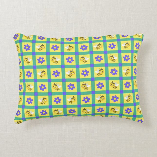 Cute Cartoon Bee and Flower Pattern Decorative Cushion (Front)