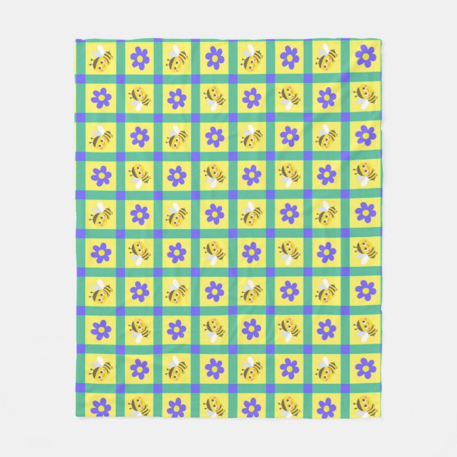 Cute Cartoon Bee and Flower Pattern Fleece Blanket (Front)