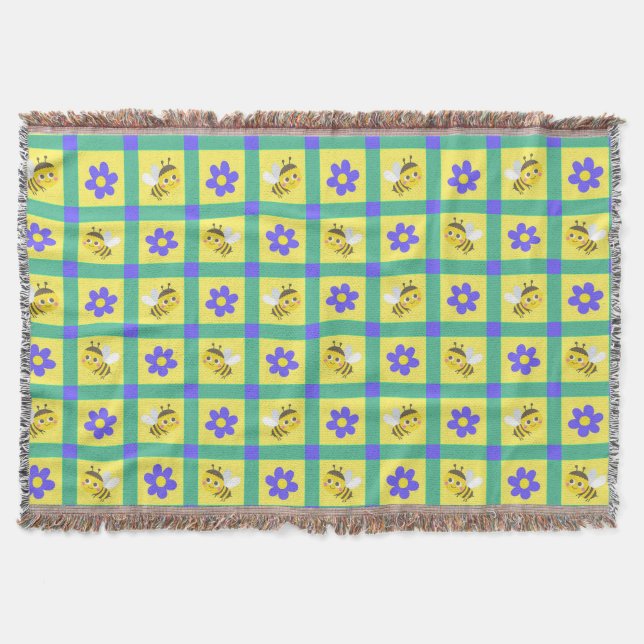 Cute Cartoon Bee and Flower Pattern Throw Blanket (Front)