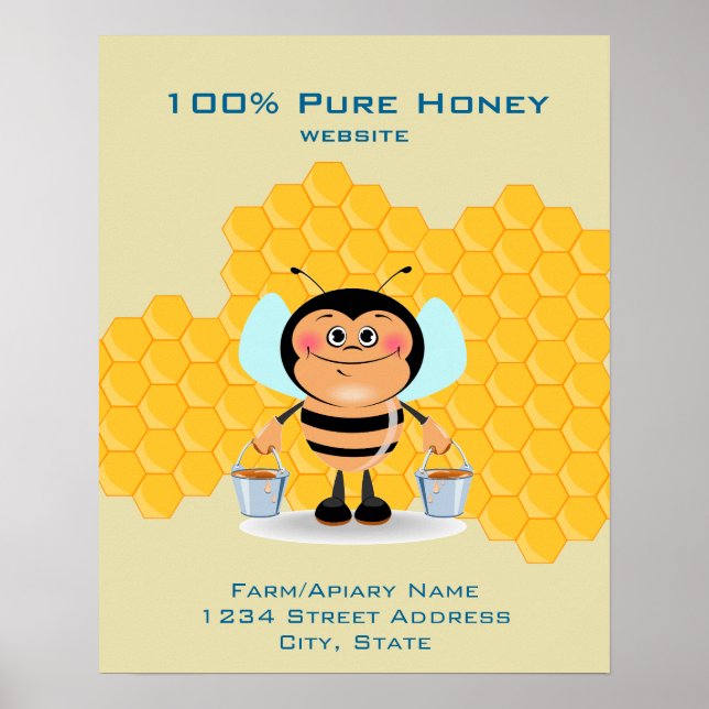 Cute Cartoon Bee Carrying Buckets of Honey Busines Poster (Front)
