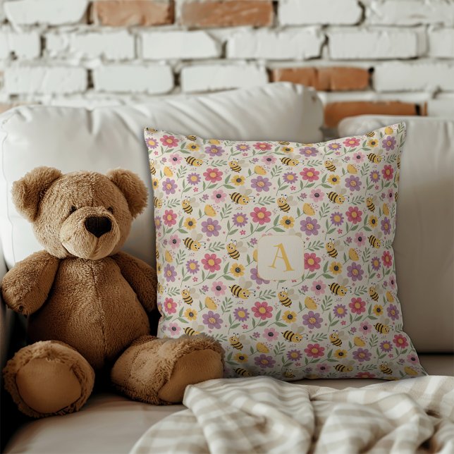 Cute cartoon bee flower green pattern monogram cushion (Creator Uploaded)