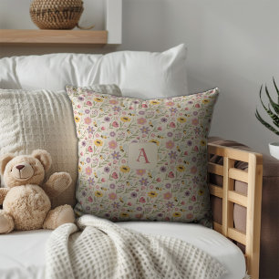 Cute cartoon bee flower pink pattern monogram cushion