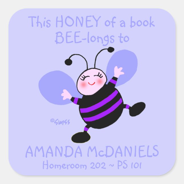 Cute Cartoon Bee Schoolbook Name Labels Purple (Front)