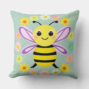 Cute Cartoon Bee Surrounded by Colourful Flowers Cushion