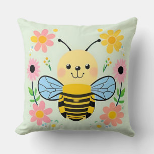 Cute Cartoon Bee Surrounded by Colourful Flowers Cushion