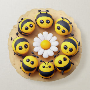 Cute Cartoon Bees Around Daisy Flower Round Cushion